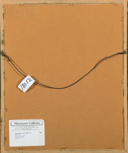 Back of a framed artwork with a hanging wire and a gallery label from Altermann Galleries on the lower left panel.