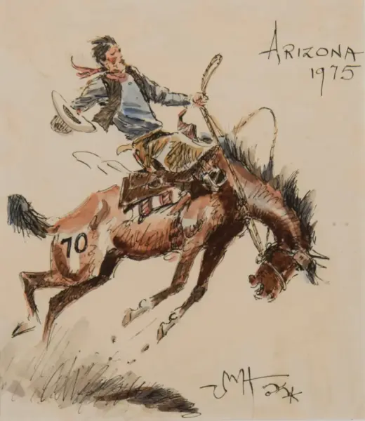 Cowboy riding a bucking bronco in a dynamic sketch, with 'Arizona 1975' written in the corner.