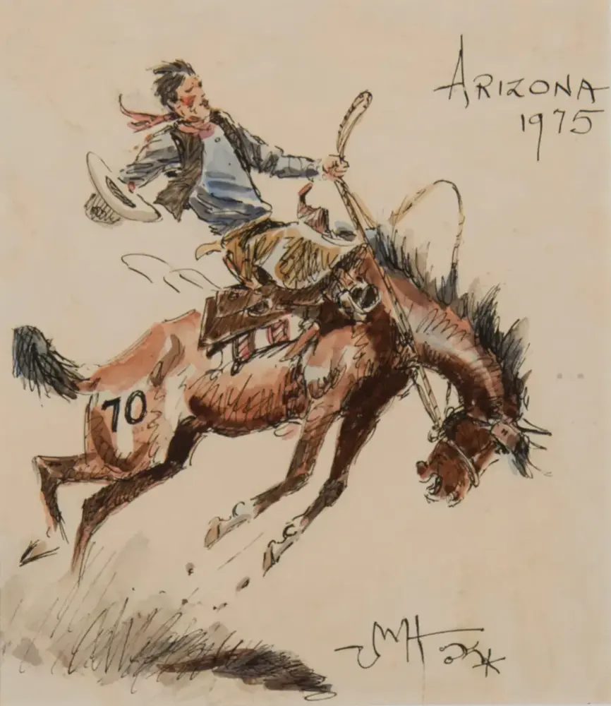 Cowboy riding a bucking bronco in a dynamic sketch, with 'Arizona 1975' written in the corner.