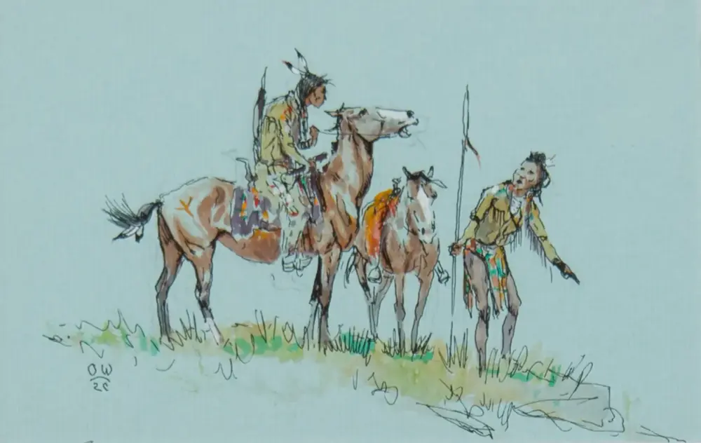 Watercolor sketch of two riders on horses with a standing figure holding a spear on a light blue background.