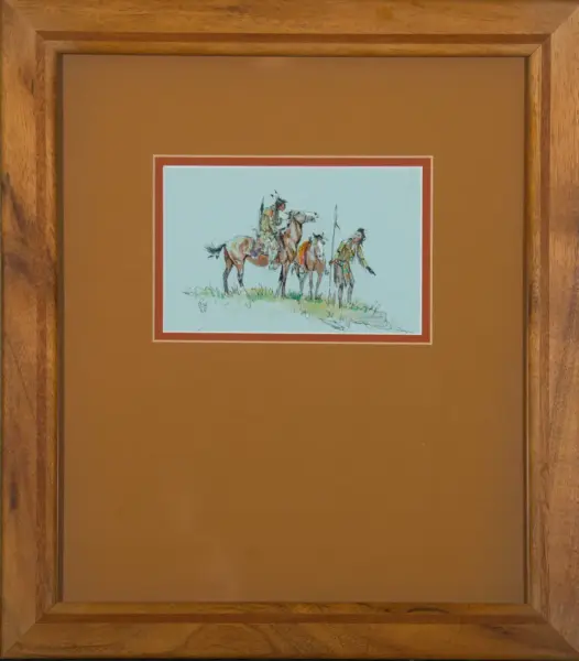 Framed print of a watercolor-style scene with several Indigenous riders on horses on a grassy hill.