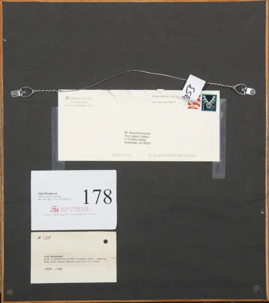 Framed gallery display board with an envelope affixed, stamped and taped, hung by a wire across the top and two white bidder cards (one labeled 178) at the bottom left.