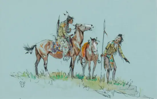 Watercolor sketch of two riders on horses with a standing figure holding a spear on a light blue background.