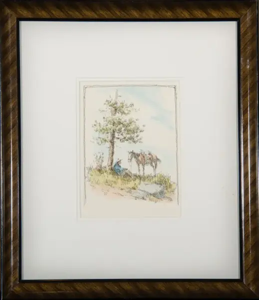Framed watercolor illustration of a person in blue sitting by a tree with a horse beside them on a grassy hill