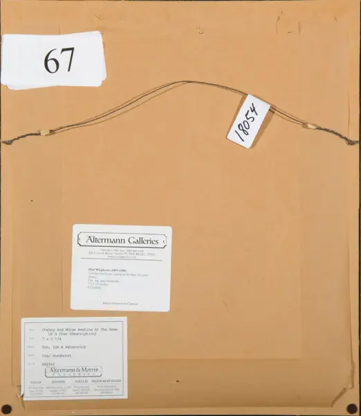 Back of a framed artwork with hanging wire, showing label '67' and a tag '18054' and gallery sticker from Altermann Galleries.