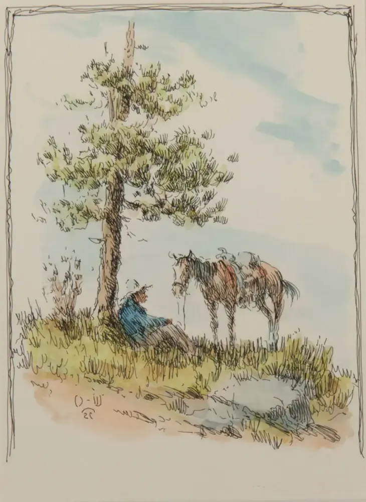 Person in blue sitting on the grass beside a horse under a tree in a meadow sketch. (informative)