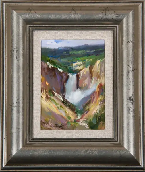 Framed impressionist landscape painting of a canyon with a waterfall and green hills in the background.