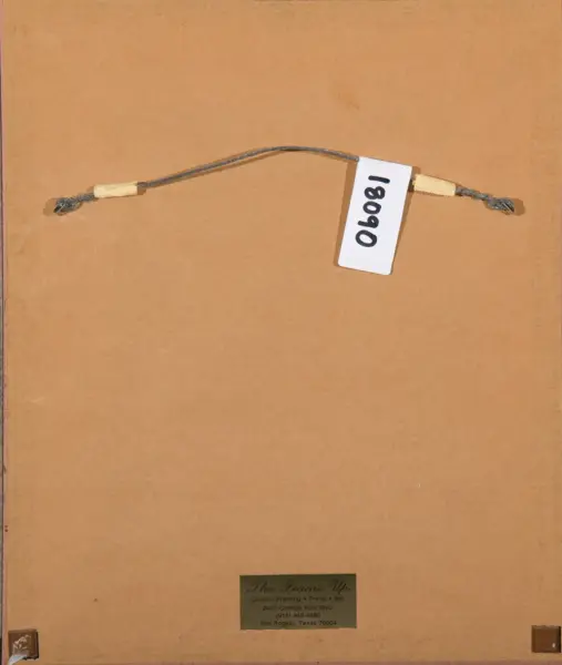 Back of a framed item: brown cardboard with a hanging wire and a white tag reading 180081 attached in the middle-right side.