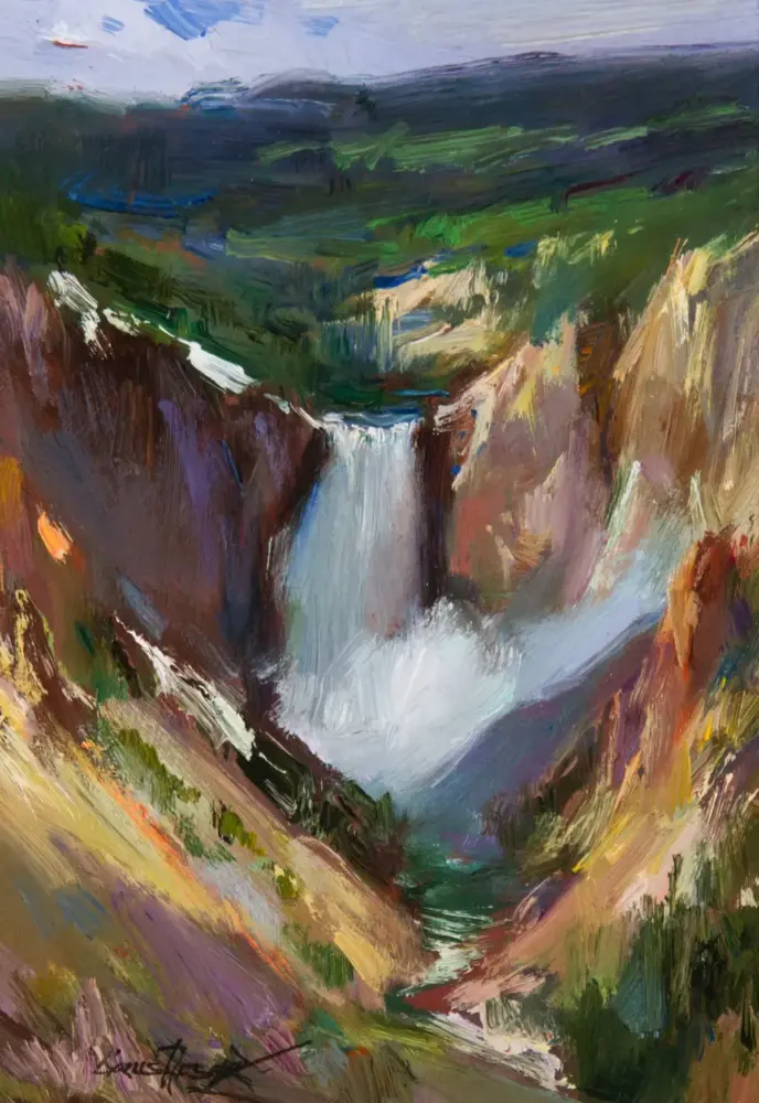 Abstract landscape painting of a canyon with a cascading waterfall, bold brushstrokes in greens, blues, and earth tones, down a rocky gorge.