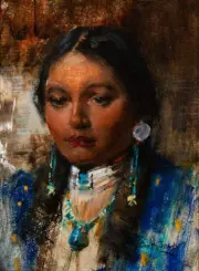 Portrait painting of a woman with dark hair, wearing turquoise jewelry and a blue garment, looking downward.
