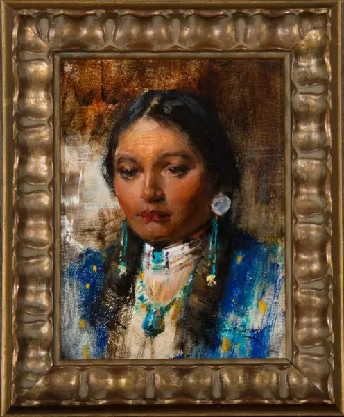 Portrait of a woman with dark hair, turquoise jewelry, and a blue outfit, in a gilded ornate frame (oil painting).Framed portrait with a somber expression and impressionistic brushstrokes.