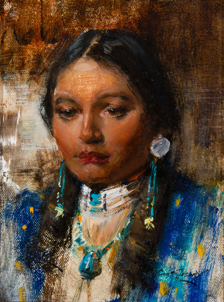 Impressionistic portrait of a woman with dark hair, turquoise earrings and necklace, wearing a blue garment.