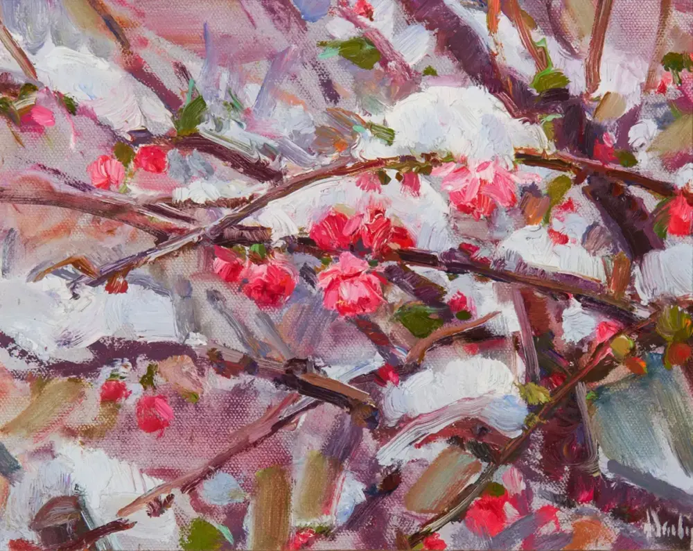 Impressionist painting of pink blossoms on dark branches against a colorful, textured background.