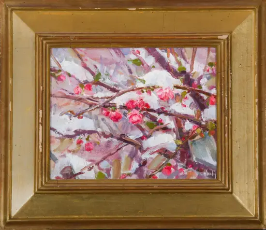 Impressionist painting of pink blossoms on tree branches, framed by a gold ornate frame in a light-toned display frame.
