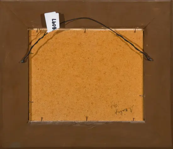 Back of a framed artwork showing a brown wooden frame, tan burlap backing, a black hanging wire, and a white label with the number 1807 attached to the wire.