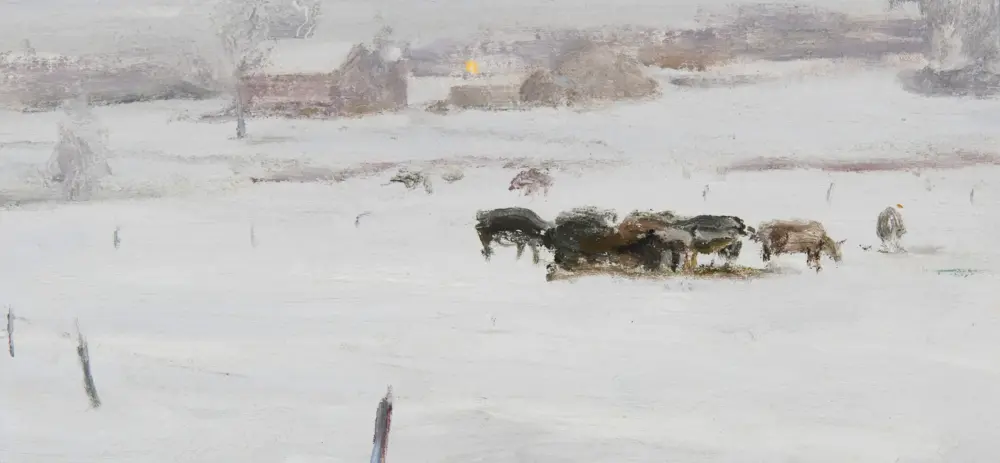 Group of horses standing in a snowy field under a pale, wintry sky in a muted painting style.
