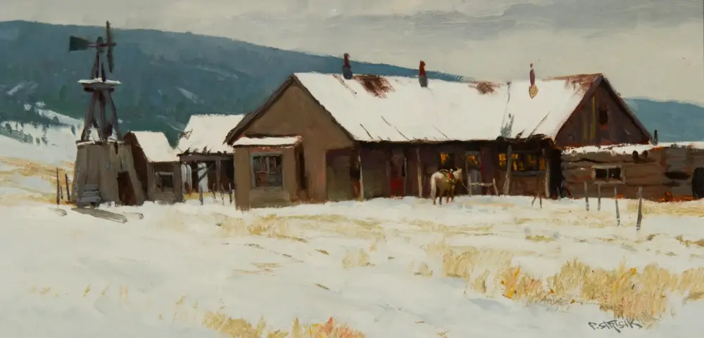Snowy winter farm scene with wooden houses and a horse standing near the doorway in a snow-covered yard in front of a barn-like building.