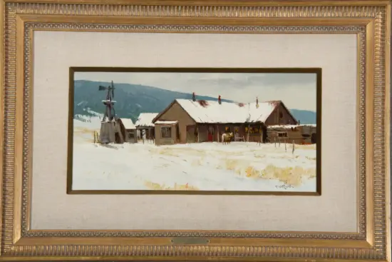 Snowy frontier homestead with brown clapboard buildings and a windmill, set against distant mountains in winter light framed by a gold ornate border.