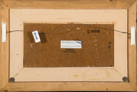Back of a framed painting showing a hanging wire, canvas backing, and an artist/collection label with inventory numbers.