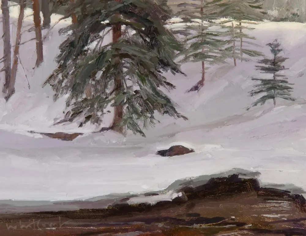 Impressionist winter landscape with snow-covered ground, evergreen trees, and exposed rocks in the foreground.