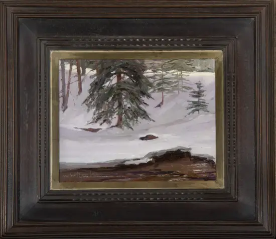 Oil painting of a snowy forest with evergreen trees and a rocky foreground, framed by a dark, wide wooden frame.