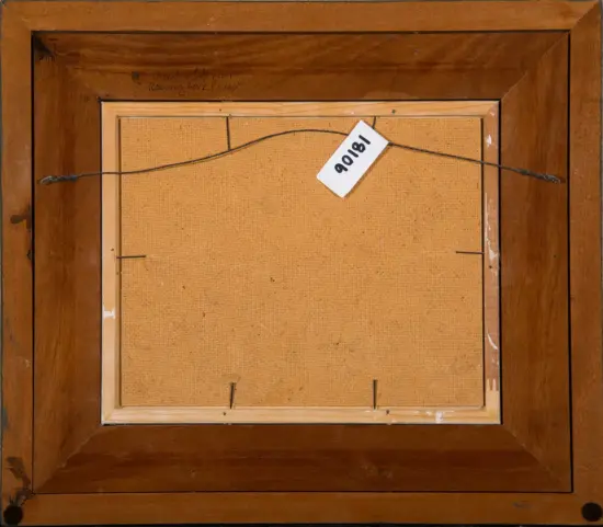 Back of a wooden-framed painting with a hanging wire and a tag labeled 90181