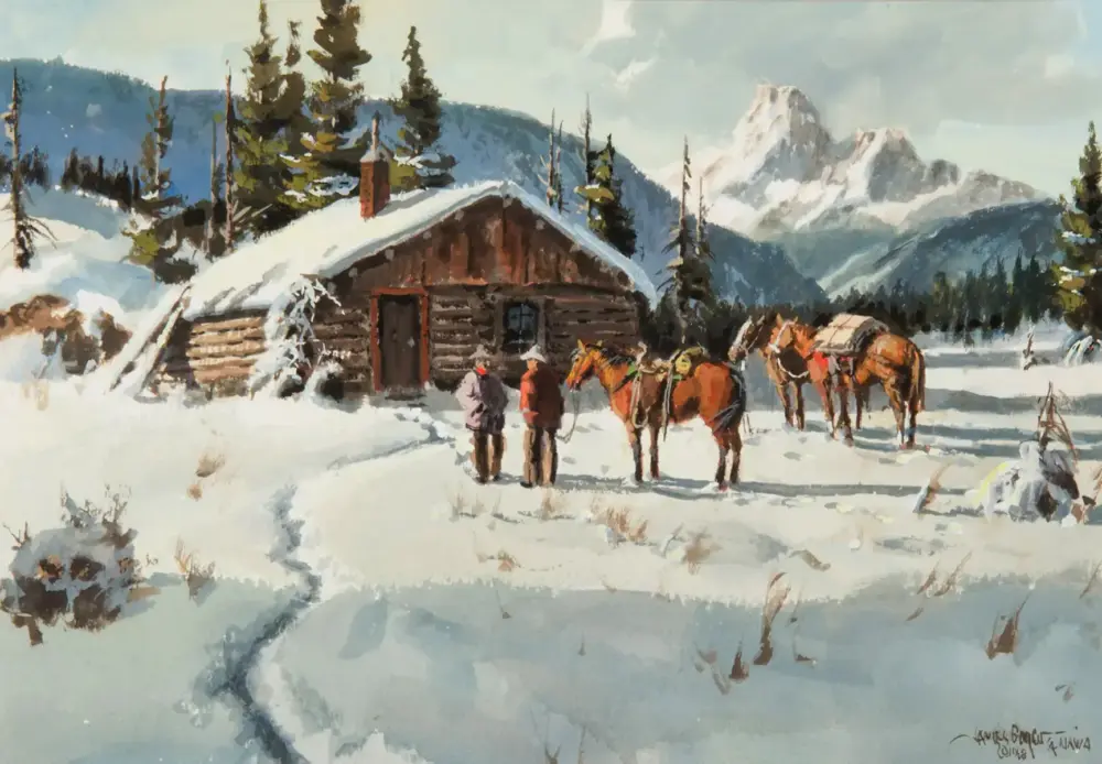 Winter painting of a snow-covered mountain cabin with pine trees, and two people with horses in the foreground near the cabin door.