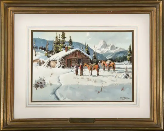 Snowy mountain scene with a log cabin, pine trees, and people with horses near the cabin in a winter landscape.