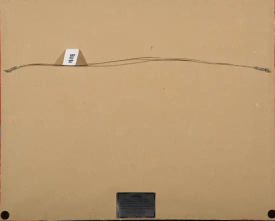 A single bent metal wire stretched horizontally across a brown backing, with a white tag labeled '18008' near the left end and a small rectangular device near the bottom center.