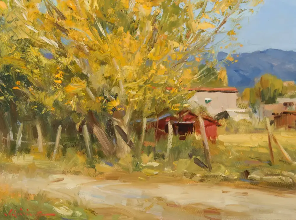 Autumn landscape painting with yellow trees, a small red-roofed shed, and distant blue mountains.