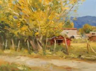 Autumn landscape painting with yellow trees, a small red-roofed shed, and distant blue mountains.