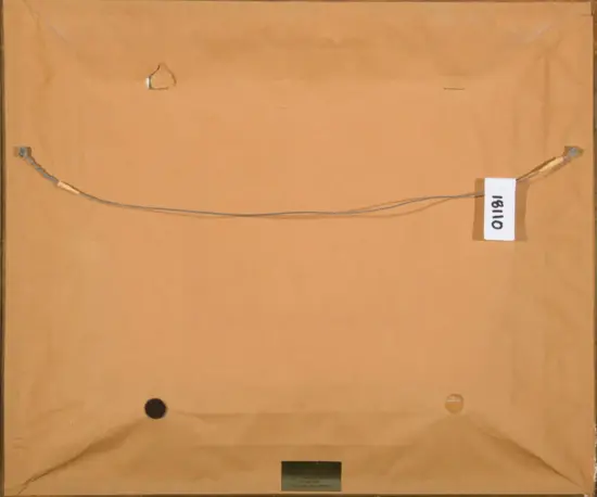 Back of a framed hanging with a wire across the back and a white tag reading 18110 attached on the right side.