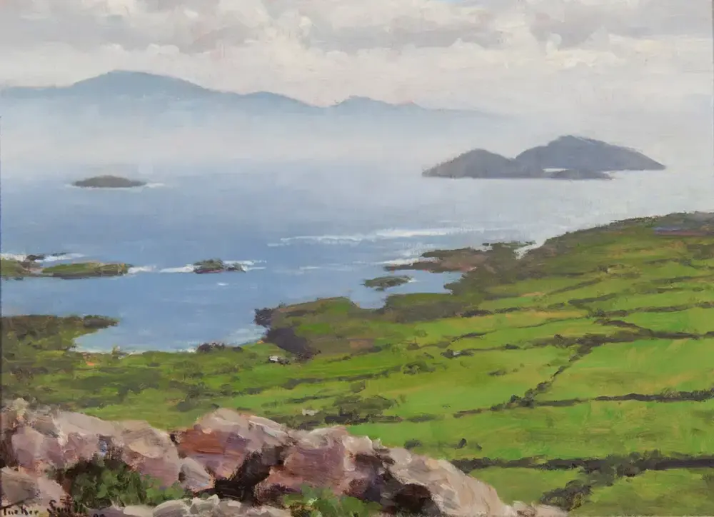 Coastal landscape painting with green fields sloping toward a calm blue sea and distant hazy islands on the horizon.
