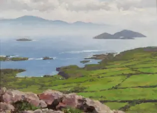 Coastal landscape painting with green fields sloping toward a calm blue sea and distant hazy islands on the horizon.