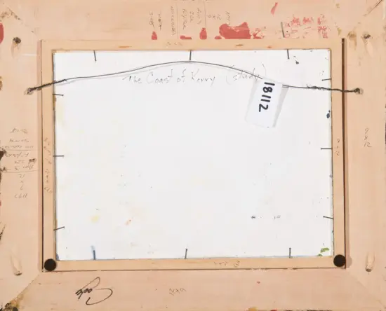 Back of a framed painting: a white canvas with a wire hanger across the top, handwritten notes and a tag reading 1812 attached to the wire, wooden frame around it.