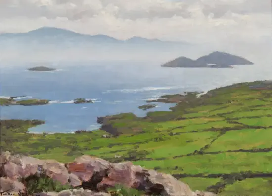 Coastal landscape painting with green fields sloping toward a calm blue sea and distant hazy islands on the horizon.