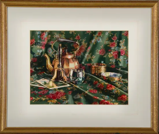 Still-life painting featuring a brass teapot, copper kettle, glass, and a decorative bowl on a green floral tablecloth with roses.