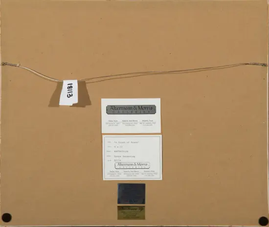 Back of a framed artwork showing a metal hanging wire, a white inventory tag reading 1813, and gallery labels mounted on the back panel.
