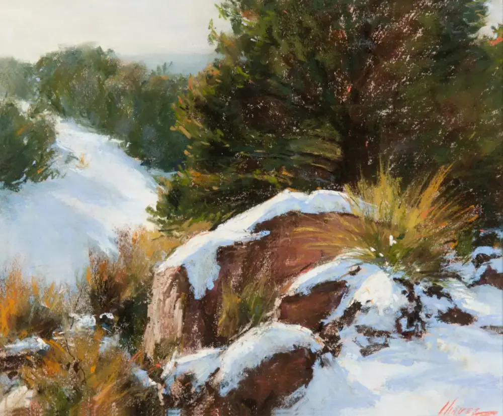 Impressionist winter landscape with snow-covered rocks and green shrubbery.
