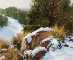 Impressionist winter landscape with snow-covered rocks and green shrubbery.