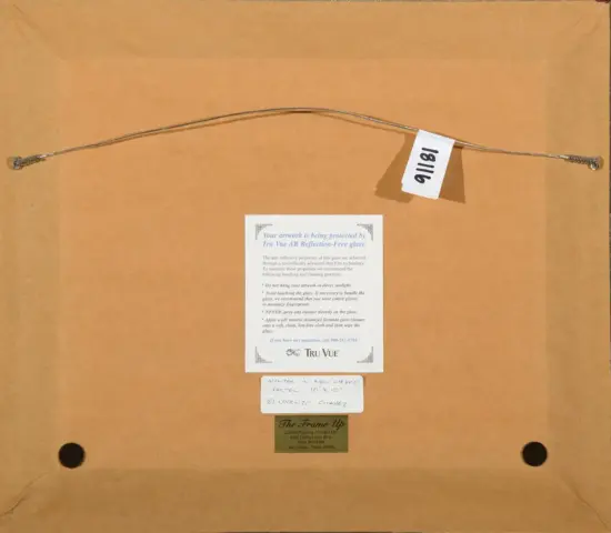 Back of a framed artwork showing a twisted metal hanging wire with tags and a small label attached to the back of the frame, ready for hanging.