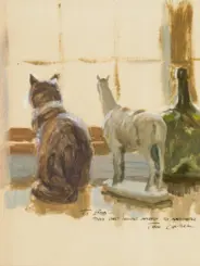 Two dogs sit indoors with their backs to the viewer, facing a pale wall; a dark bottle sits on the right.