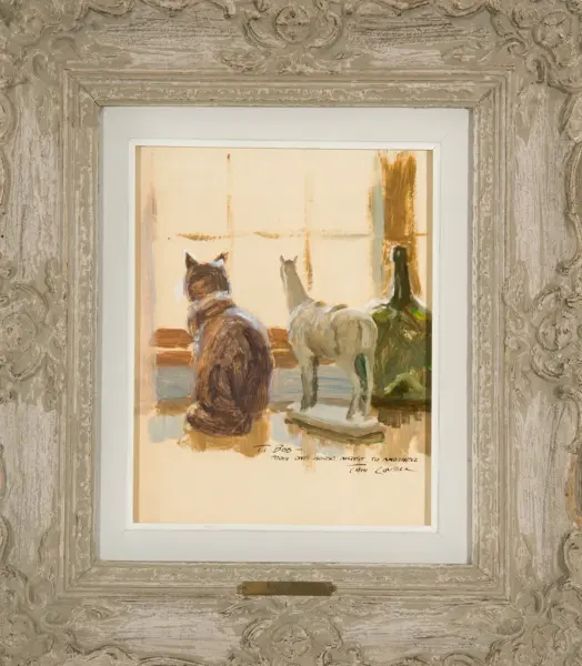 Oil painting of two cats seated by a window looking outside, with a green bottle on the sill to the right.
