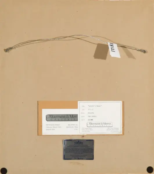 Back of a framed artwork showing a metal hanging wire across the top, with gallery labels and a blue TruGuard tag on the bottom.