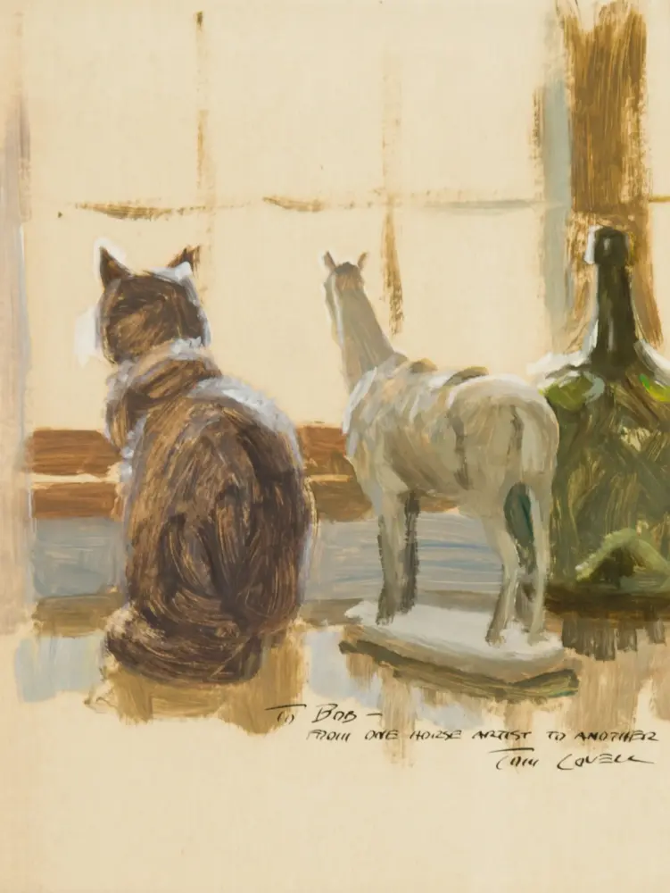 Two dogs sit indoors with their backs to the viewer, facing a pale wall; a dark bottle sits on the right.