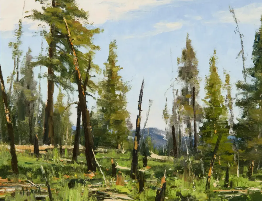 Impressionist forest scene with tall slender trees, green undergrowth, and a pale blue sky visible through the branches.