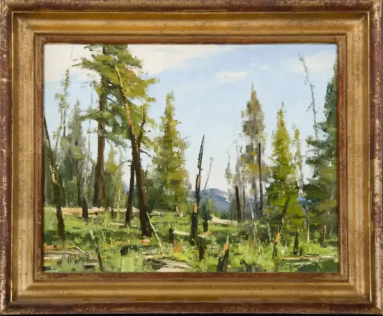 Oil painting of a forest clearing with tall evergreen trees and distant hills, in a gold ornate frame.