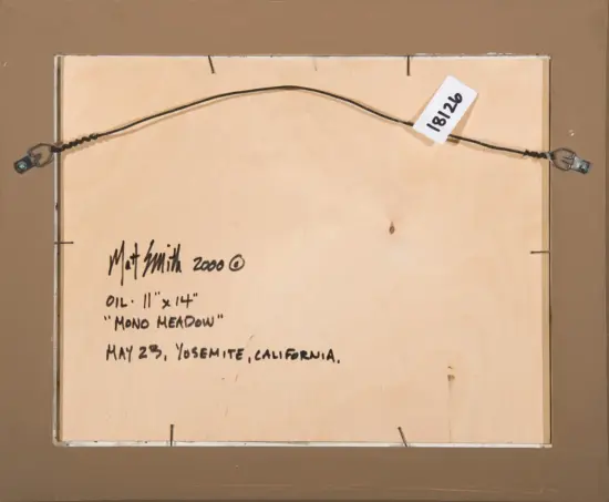 Back of a framed painting with a wire hanger; handwritten note reads: 'Matt Milk 2000 ©. Oil: 11 x 14' 'Mono Meadow' May 25, Yosemite, California' and a small white tag labeled 18126.