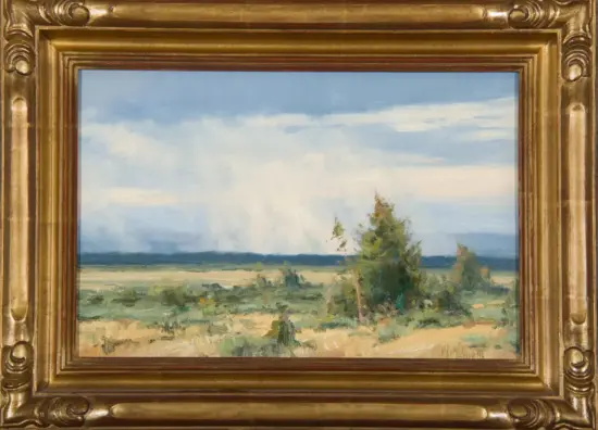 Impressionist landscape painting of a open field with scattered trees under a blue sky, in a gilded frame.