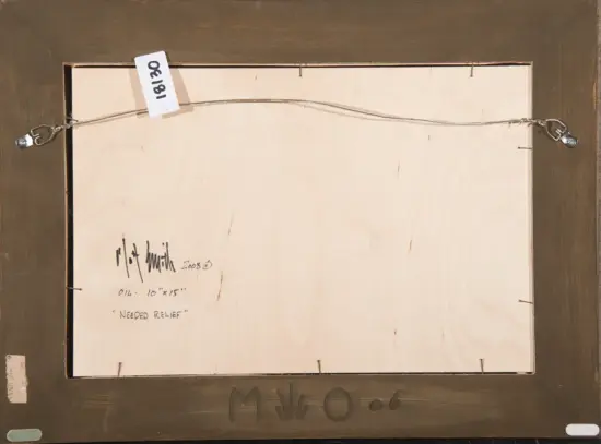 Back of a framed painting with a wire hanger across the back and handwritten notes: 'Oil 16x15' and 'Needed Relief'.